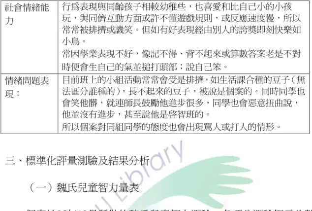 表  3-1 個案學校的個別化教育計畫記錄重點 （續）  社會情緒能 力  行為表現與同齡孩子相較幼稚些，也喜愛和比自己小的小孩 玩，與同儕互動方面或許不懂遊戲規則，或反應速度慢，所以 常常被排擠或譏笑。但如有好表現經由別人的誇獎即刻快樂如 小鳥。  常因學業表現不好，像記不得、背不起來或算數答案老是不對 時便會生自己的氣並搥打頭部；說自己笨。  情緒問題表 現：  目前班上的小組活動常常會受是排擠，如生活課合種的豆子（無法區分誰種的），長不起來的豆子，被說是個案的。同時同學也 會笑他髒，就連師長鼓勵他進步