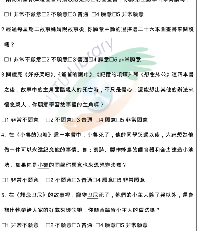 表 3-3-2 自由閱讀時間回饋單（個別問卷調查）  哈囉！小朋友你好：          首先，恭喜你很認真的閱讀完這二十六本有親人、朋友和寵物死亡的圖畫 書，現在請依你閱讀後的心情和想法，選擇一個與自己最符合的情形在中打ˇ。 1.剛開始當你知道圖書角擺放的是死亡的圖畫書，你願意主動拿出來閱讀嗎？     1 非常不願意2 不願意3 普通  4 願意5 非常願意  2.經過每星期二故事媽媽說故事後，你願意主動的選擇這二十六本圖畫書來閱讀 嗎？      1 非常不願意2 不願意3 普通
