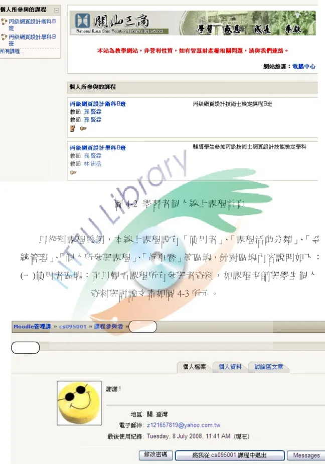 圖 4-2  學習者個人線上課程首頁  以術科課程為例，本線上課程設有「使用者」、「課程活動分類」、「系 統管理」 、 「個人所參與課程」 、 「行事曆」等區塊，針對區塊內容說明如下：  (一)使用者區塊：可以觀看課程所有參與者資料，如課程老師與學生個人 資料與討論文章如圖 4-3 所示。  圖 4-3  使用者區塊中課程參與者資料 