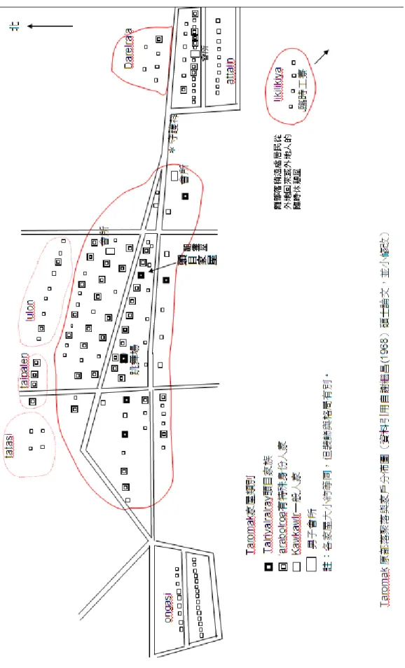 圖 1-2-3    達魯瑪克部落原部落聚落與家戶分布圖  (資料來源：謝繼昌，1968) 