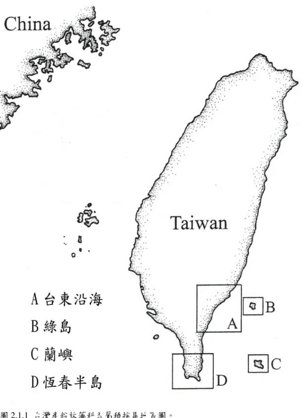 圖 2.1.1  台灣產粉枝藻科各屬種採集地區圖。 