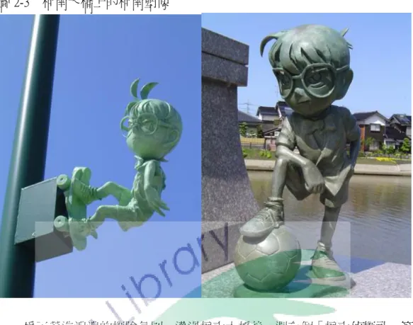 圖 2-3    柯南大橋上的柯南塑像  為了營造濃濃的探險氛圍，邁過柯南大橋後，還有個「柯南偵探社」等 待偵探迷上門！雖然不見柯南在內等著接案、大展伸手，但裡頭可是賣著各 式柯南動漫的週邊商品，及限定版紀念品、柯南與在地特色結合的紀念品 等。如大榮町專產西瓜，柯南便化身為西瓜大使，以招牌姿勢抱著西瓜，帥 氣登場，像這類的紀念品絕對是別處買不到，僅供柯南小鎮的獨家商品，也 因此造就不少柯南迷專程來此一趟！          圖 2-4    柯南偵探社 