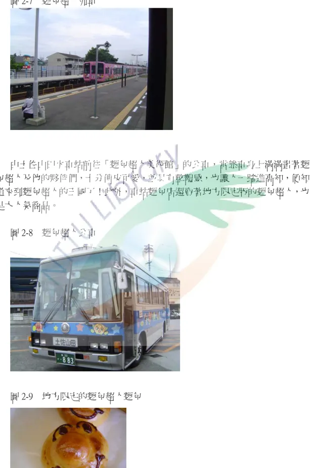 圖 2-7    麵包超人列車  由土佐山田火車站前往「麵包超人美術館」的公車，當然車身上滿滿畫著麵 包超人及他的夥伴們，十分俏皮可愛，並具有整體感，也讓人一踏進高知，便知 道來到麵包超人的王國了！此外，車站麵包店還賣著地方限定版的麵包超人，也 是大人氣商品。  圖 2-8    麵包超人公車  圖 2-9    地方限定的麵包超人麵包 