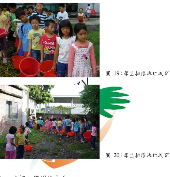 圖 19：學生排隊洗垃圾筒 圖 20：學生排隊洗垃圾筒 九、老師也變得很龜毛  我覺得學校一天到晚，要求乾淨強調衛生，其實老師有被要求到。像今 年過年，在家大掃除的時候，以前掃馬桶，絕對不會去刷下面的那根水管， 只會刷馬桶裡面那一圈而已，現在會捧著水管，讓它也洗個臉，連洗手檯的 水管也都會把它刷一遍，我媽就說，你們校長怎麼這麼厲害，把你們教成個 個 愛 乾 淨 、 勤 打 掃 的 老 師 ！ 自 己 都 改 變 了 ， 變 得 很 龜 毛 （ N- 教 2-60/20080222）。 