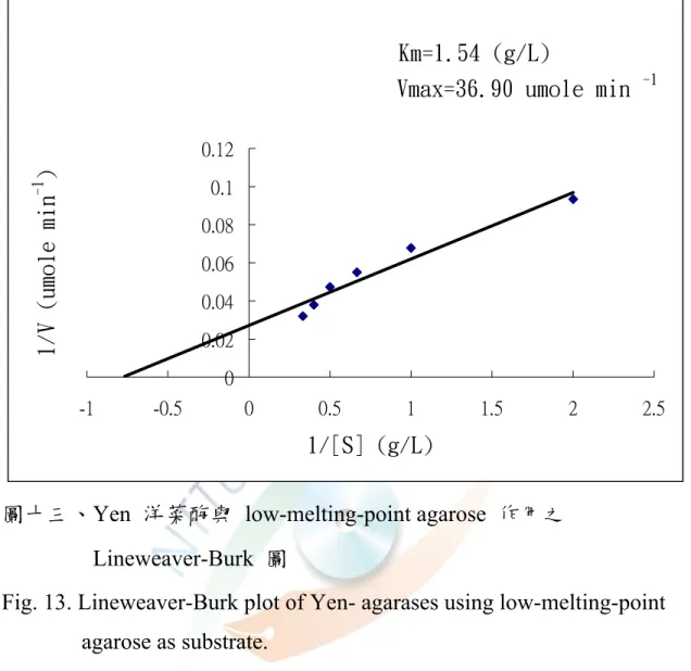 Fig. 13. Lineweaver-Burk plot of Yen- agarases using low-melting-point  agarose as substrate