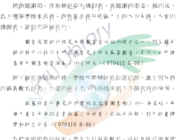 圖 書 室，並 且 由 老 師 指 導 學 生 如 何 尋 找 外 界 的 知 識 資 源，而 不 是 一 定 要 局 限 在 學 校 圖 書 室 內 。   對 外 募 書 是 我 們 學 校 永 續 經 營 圖 書 館 的 策 略 之 一，因 為 學 校 經 費 實 在 不 多，所 有 的 新 書 如 果 全 部 都 要 靠 學 校 來 購 買，實 在 是 一 項 沉 重 的 負 擔，所 以 在 每 學 期 開 始，我 們 學 校 都 會 利 用 各 種 會 議 ， 請 家 長 捐 一 些 書 。（ 0