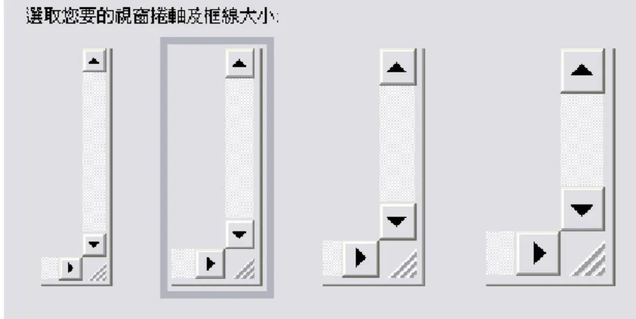 圖 2- 3  捲軸及框線大小  四、可控制指標大小與色彩變化  此功能可以變更指標的大小與色彩的變化，指標的大小分為三種分別是標 準、大與特大三類，而游標色彩的方面則有黑、白與反轉後會出現對比的色彩， 而黑、白與反轉各有三種，因此總共有九種可供使用者選用，大小的調整可以幫 助弱視的視障者，色彩的調整則可造福色覺障礙的視障者，調整後的結果參考圖 2-4。  圖 2- 4  滑鼠指標大小及色彩調整 