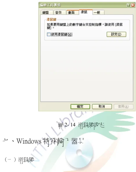 圖 2- 14  滑鼠鍵設定  七、Windows 特殊輸入器具  （一）滑鼠鍵  對於無法使用一般滑鼠器具的使用者，可以使用數字鍵來當作控制指標的 工具，替代一般的滑鼠介面，適合對一般滑鼠使用困難的肢體障礙者，調整的介 面參考圖 2-14。設定的步驟：控制台→協助工具選項→滑鼠。  （二）螢幕小鍵盤  對於無法使用一般鍵盤器具的使用者，可以使用螢幕小鍵盤來替代一般  的 鍵盤介面，適合對一般鍵盤使用困難的肢體障礙者，調整的介面參考圖 2-15。設 定的步驟：控制台  →協助工具選項→螢幕小鍵盤。 