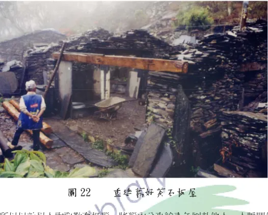 圖 22    重建舊好茶石板屋  所以以前男人需要勤奮打獵，將獵肉分享給青年團其他人，人脈關係好，這 樣也會有人願意來幫忙。而男人的勤奮以及願意分享，會帶來好的名聲，這是會 影響到下一代的。孩子的命名通常都會看他父親的表現，如果父親是對社區付出， 有功績的人，頭目會賞賜他孩子好的名字，或是家人也會因父親的貢獻得到較好 的名字。像英雄的名字有 Malagatsi(很兇)、Sabuguange(很多力量)、Magalagn(很兇) 等。但是如果家中的男人懶惰、不勤勞，又沒有對社區付出，他的孩子就會被取 名不好