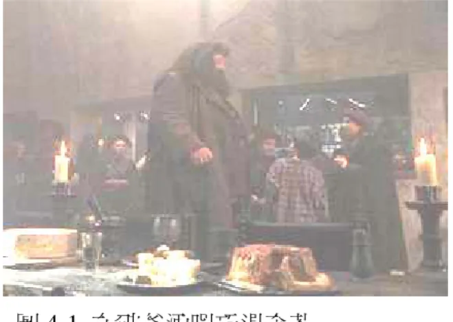 圖 4-1 中，由於有海格的全身 同入鏡，就有了這一個破斧酒吧的 全景構圖，透過左右兩旁的蠟燭符 號，確立此景具有較低的光源，整 體的氣芬也較為陰暗，因此，整個 畫面的色彩是較暗地。關於此段 落，降低了群眾圍繞哈利的擁擠感，  不同於小說中在眾人之中的敘述，奎若是處於想一瞻哈利眾人之中，透過此圖可 發現，奎若、海格與哈利都屬於在畫面的中央，而奎若的身後，也並無其他群眾。 相對地，眾人則是在海格的後方，而讓出一個屬於他們三人的空間。   圖 4-1  在破斧酒吧巧遇奎若  關於他戴頭巾的相關敘述，小說是在開學