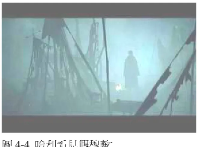 圖 4-4  哈利看見假穆敵  圖 4-4 其視角是透過昏倒後哈 利的眼光，由於帳篷區煙霧瀰漫，再加上天色已暗，他雖然看見有人，再加上距離過遠，讓他無法看見他的面目。此段落的光源也較為偏暗。只有在假穆敵的身旁，有一 小光源作為提點。  關於真穆敵遭受攻擊的敘述， 「有人闖進他的院子裡，還說他們偷偷摸摸地 想溜進他的房子裡，結果被他那些埋伏在一旁的垃圾筒偷襲。」瘋眼是具有瘋狂 特質的老師， 「瘋眼在任教的前天被攻擊。」 （ 《哈 4》，178~179）在電影中，此 橋段則刪除，純粹只有假穆敵的現身。     