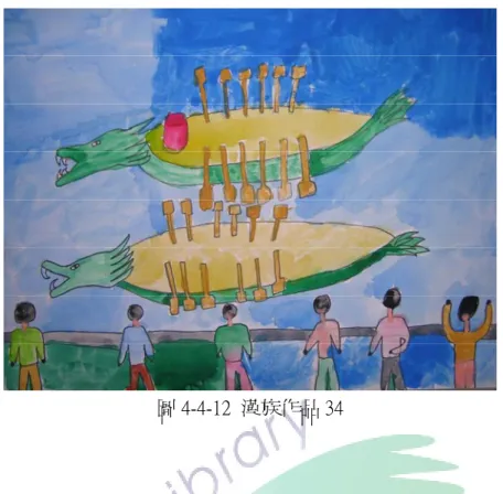 圖 4-4-12  漢族作品 34  從圖 4-4-13、4-4-14、4-4-15 及圖 4-4-16，可以發現原住民族小朋友在繪畫 的作品中所運用的顏色較大膽，會使用強烈的對比色，比如黑色與黃色、紅色 與黑色等，作品中也可以看出原住民的小朋友喜歡使用原色上色，不太喜歡混 色或調顏色，作品中色彩較單調而顯得色彩不夠豐富。  研：你畫百步蛇的身體顏色是紅色和黑色，好像跟真正的百步蛇顏色 不同吔，你怎麼會想到要用紅色呢？  魯凱 S4：……嗯…因為水彩盒有紅色…                        