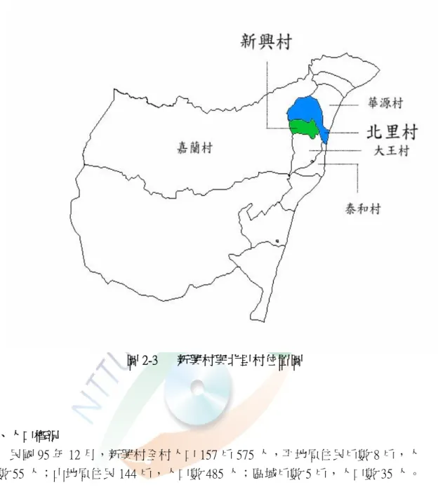 圖 2-3      新興村與北里村位置圖  三、人口概況  民國 95 年 12 月，新興村全村人口 157 戶 575 人，平地原住民戶數 8 戶，人 口數 55 人；山地原住民 144 戶，人口數 485 人；區域戶數 5 戶，人口數 35 人。  表 2-2    民國 95 年金峰鄉新興村人口統計表  戶數及人口數  漢人戶數及人口數  戶數  合計  男  女  戶數  合計  男  女  157  575  300  275  5  35  16  19  平地原住民  山地原住民  戶數及人