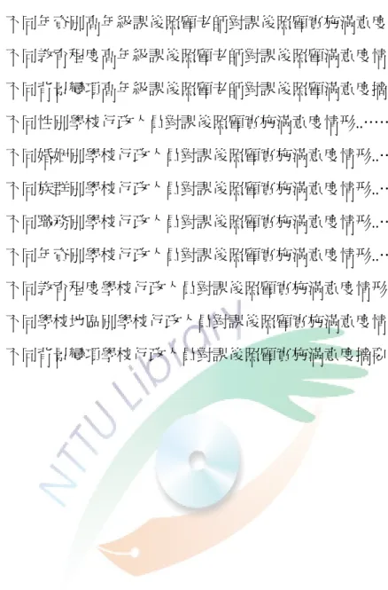 表 4-3-21      不同年資別高年級課後照顧老師對課後照顧實施滿意度情形.…67  表 4-3-22      不同教育程度高年級課後照顧老師對課後照顧滿意度情形.……68  表 4-3-23      不同背景變項高年級課後照顧老師對課後照顧滿意度摘要表..…69  表 4-3-24      不同性別學校行政人員對課後照顧實施滿意度情形..……………70  表 4-3-25      不同婚姻別學校行政人員對課後照顧實施滿意度情形..…………71  表 4-3-26      不同族群別學校行政