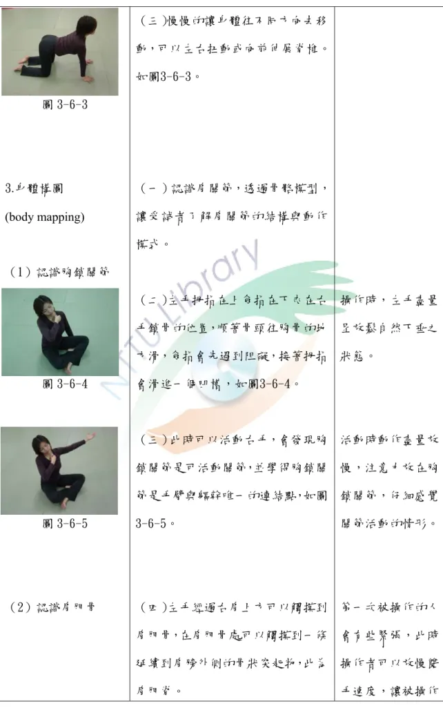 圖 3-6-3  3.身體構圖  (body mapping)  （1）認識胸鎖關節  圖 3-6-4  圖 3-6-5  （2）認識肩胛骨  （三）慢慢的讓身體往不同方向去移 動，可以左右扭動或向前伸展脊椎。如圖3-6-3。 （一）認識肩關節，透過骨骼模型，讓受試者了解肩關節的結構與動作模式。 （二）左手拇指在上食指在下夾在右手鎖骨的位置，順著骨頭往胸骨的地方滑，食指會先遇到阻礙，接著拇指會滑進一個凹槽，如圖3-6-4。 （三）此時可以活動右手，會發現胸鎖關節是可活動關節，並學得胸鎖關節是手臂與軀幹唯一的