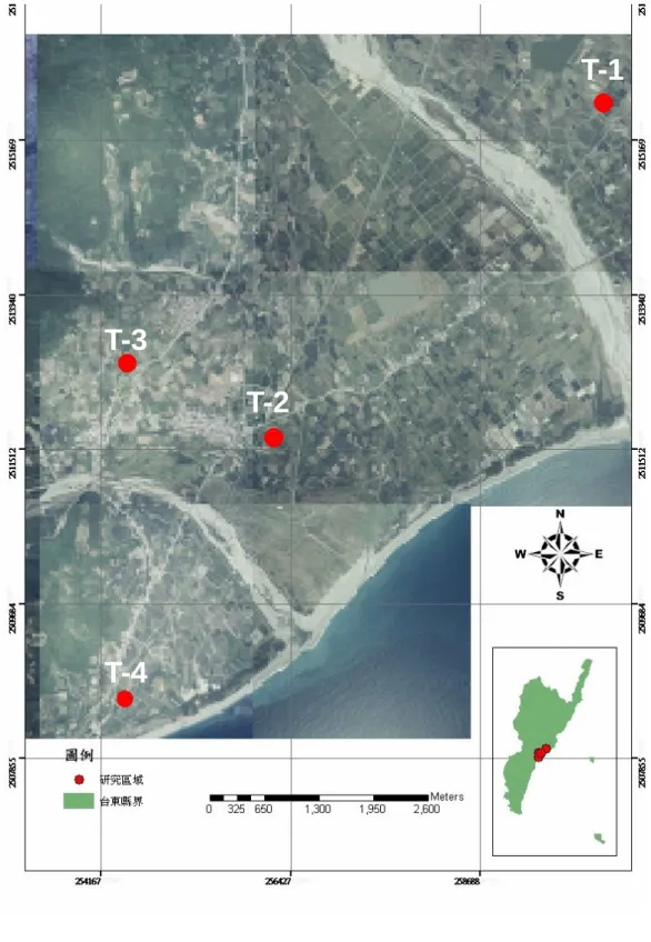 圖 1.  研究樣區地圖—台東市果園，有 T-1、T-2、T-3 及 T-4 四個樣區 