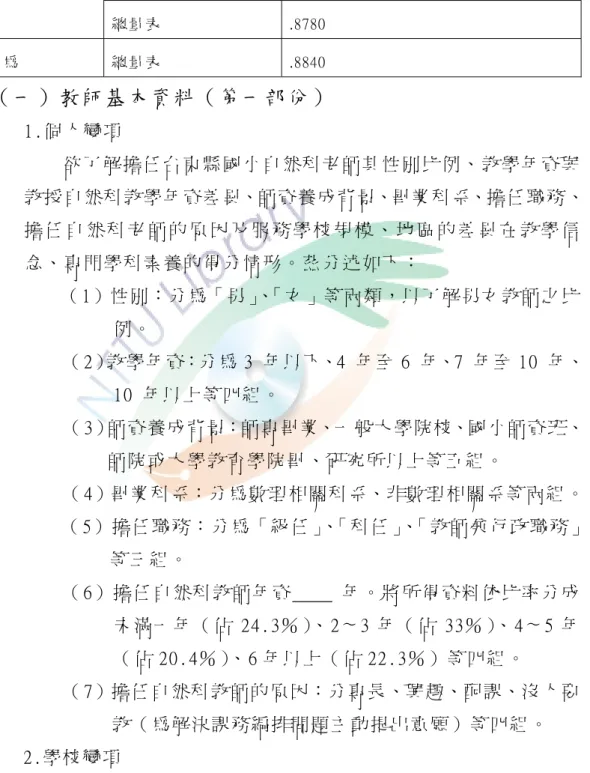 表 3-2-2：「 國 小 自 然 與 生 活 科 技 領 域 教 師 教 學 現 況 調 查 表 」 之 信 度 係 數   分 量 表   向 度   α 值   教 師 教 學 信 念   .8645  學 生 學 習 信 念   .8672 教 學 信 念   總 量 表   .8780  教 學 行 為   總 量 表   .8840  （一）教師基本資料（第一部份）  1.個 人 變 項  欲 了 解 擔 任 台 東 縣 國 小 自 然 科 老 師 其 性 別 比 例 、 教 學 年 資 與 教