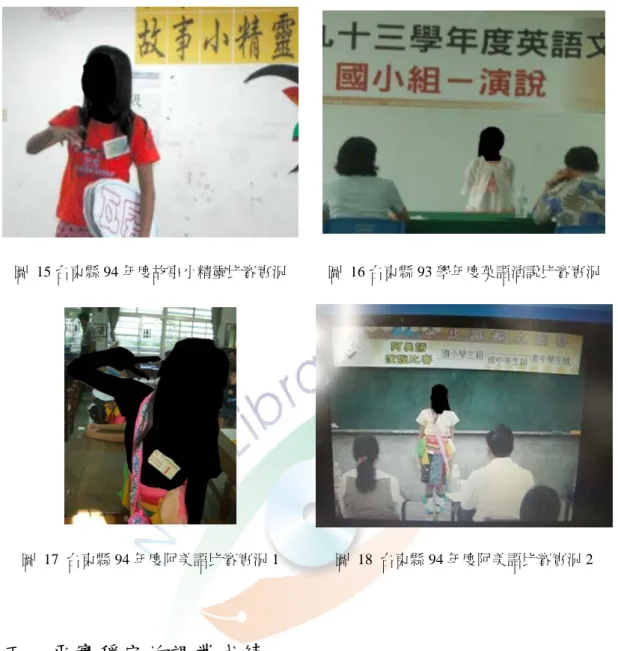 圖 15 台東縣 94 年度故事小精靈比賽實況  圖 16 台東縣 93 學年度英語演說比賽實況  圖 17 台東縣 94 年度阿美語比賽實況 1  圖 18 台東縣 94 年度阿美語比賽實況 2  五、平實穩定的課業成績  (一)成就動機會影響科目喜好程度  於 Panay 學校中的上課時間裡，有著許許多多的科目和課程，對於每一個科 目 Panay 也都有著不一樣的喜好程度，如附錄 9「各種學習單之美夢成真」中， Panay 給了國語、音樂、體育及電腦滿分的五顆星，而卻只給了數學一顆星的認 同… 