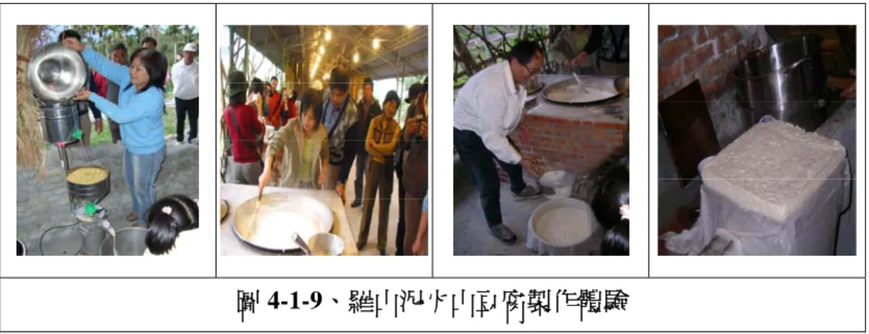 圖 4-1-9、羅山泥火山豆腐製作體驗  第二節  羅山有機村社會教育所推動的環境教育  本節從羅山社區總體營造經營項目及內容、螺溪文史工作室工作紀要、羅 山有機米產銷班會議重點、及羅山有機村推動委員會工作紀要，來看羅山村的 環境教育推行情形。  羅山社區總體營造計畫於民國 92 年 8 月提出，主要以人為主軸，並分為人 文教育、產業發展、社區治安、環境景觀、環保生態和社區福利醫療等六大項 目，其內容如下表 4-2-1.1。  表 4-2-1.1 羅山社區總體營造經營項目及內容  項目  內容  人文教育 