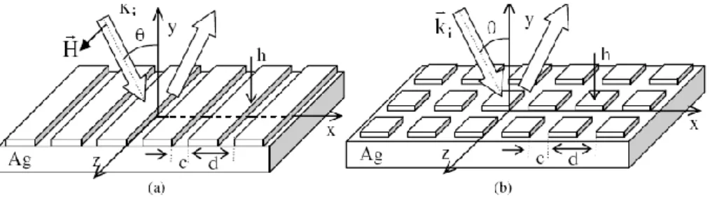 Fig 5 Periodic grating structure in one (a) and two (b) dimensions. Substrate is  silver and the coating film is silver-air array with height h and periodicity d