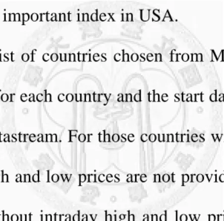 Table 1 contains the list of countries chosen from MSCI Market Classification,  the name of leading index for each country and the start date of intraday high and low  prices data provided by Datastream