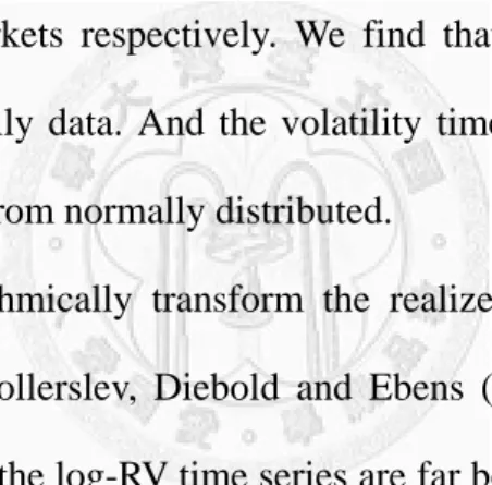 Table 4 presents the descriptive statistics of realized volatility of each index,  including mean, standard deviation, skewness, kurtosis and Jarque–Bera statistic  (JB-Statistic), which is used to test the hypothesis that the data are from a normal  distr
