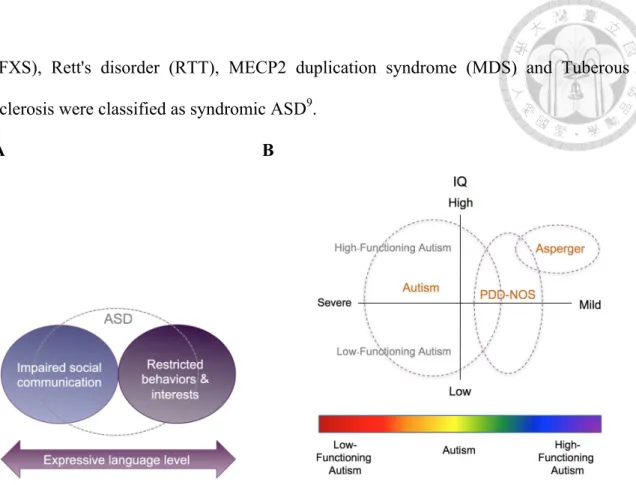 Figure 1. (A) DSM-5 classification system for ASD. (B) Classification of ASD based on severity and  intellectual development