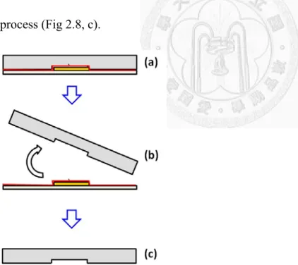 Fig. 2.4: Fabrication process of PDMS replica. (a) Pour the mixture of PDMS 