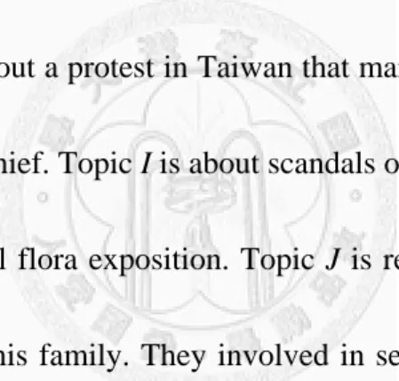 Table 4-1 shows the statistics of the data corpus which consists of ten topics related to  political events in Taiwan from 2004 to 2010