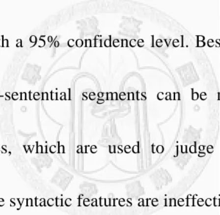 Table 4-3 shows the performance of the syntactic, context-dependent, semantic, and all  nineteen features, denoted as FISER syntactic , FISER context-dependent , FISER semantic , and FISER all ,  respectively