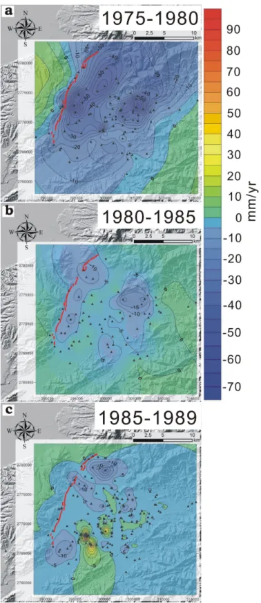 Fig.  2-5.  Contour  maps  of  observed  land  surface  elevation  change  in  Phase  1  (1975-1989)  of  post-pumping  period