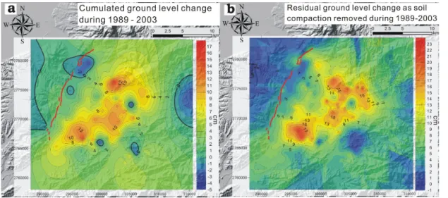 Fig.  2-10.  Ground  level  changes  during  Phase  2  of  post-pumping  period.  (a)  Cumulated  ground  elevation  change  from  1989  to  2003