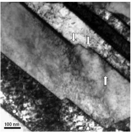 Fig.  2-12 TEM for the displacement of coherent twin boundaries resulting in steps and jogs