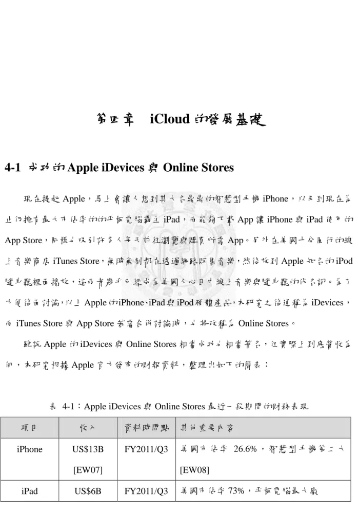表  4-1：Apple iDevices 與 Online Stores 最近一段期間的財務表現 