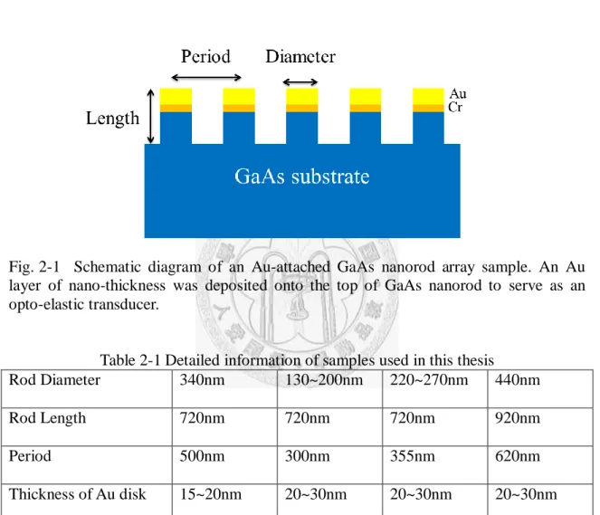 Fig. 2-1  Schematic  diagram  of  an  Au-attached  GaAs  nanorod  array  sample.  An  Au  layer  of  nano-thickness  was  deposited  onto  the  top  of  GaAs  nanorod  to  serve  as  an  opto-elastic transducer
