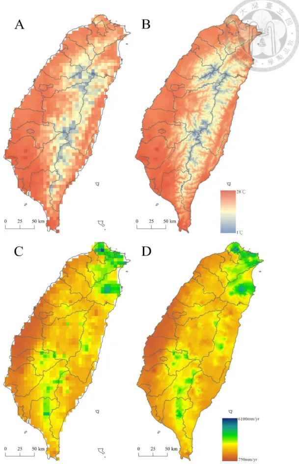 Fig. 2.3. Spatial distributions of mean annual temperature (MAT) and mean annual precipitation (MAP) for  original climate data at the resolution of 5km and downscaled to the resolution of 250m