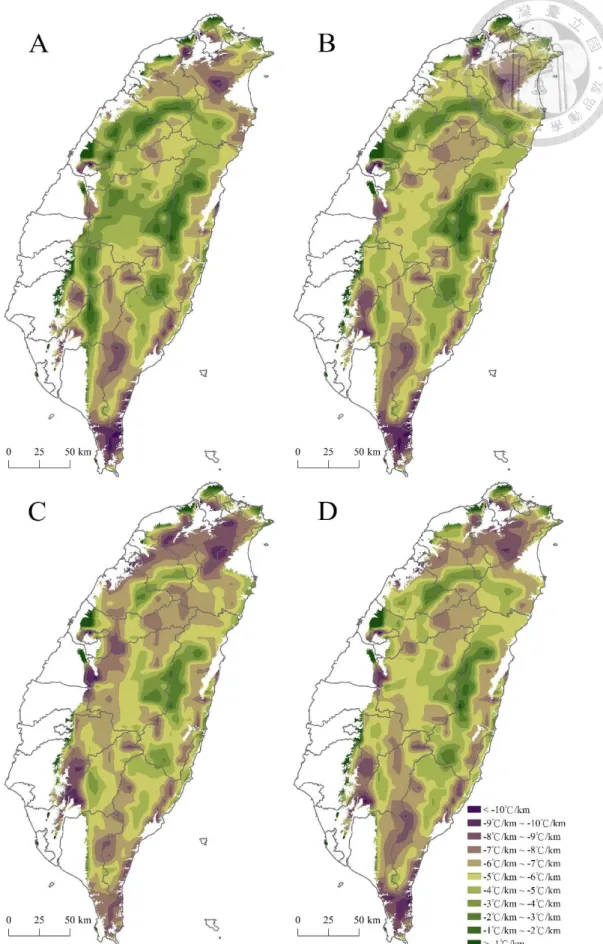 Fig. 2.6. Spatial distributions of estimated lapse rate for monthly mean temperature in the mountain areas  (regions higher than 100m asl) in Taiwan: (A) January, (B) April, (C) July and (D) October