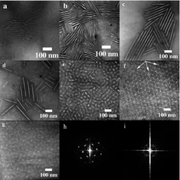 Figure 1-8  TEM images and Fourier Transforms of PPV-b-PI block copolymers. (a)  PPVbPI-31, (b) PPVbPI-41, (c) PPVbPI-57, (d) PPVbPI-71, (e) PPVbPI-81, (f) 