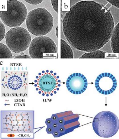 Figure 1-5.  The TEM images (a, b) of HPMOSs by O/W microemulsion with BTSE  as oil core