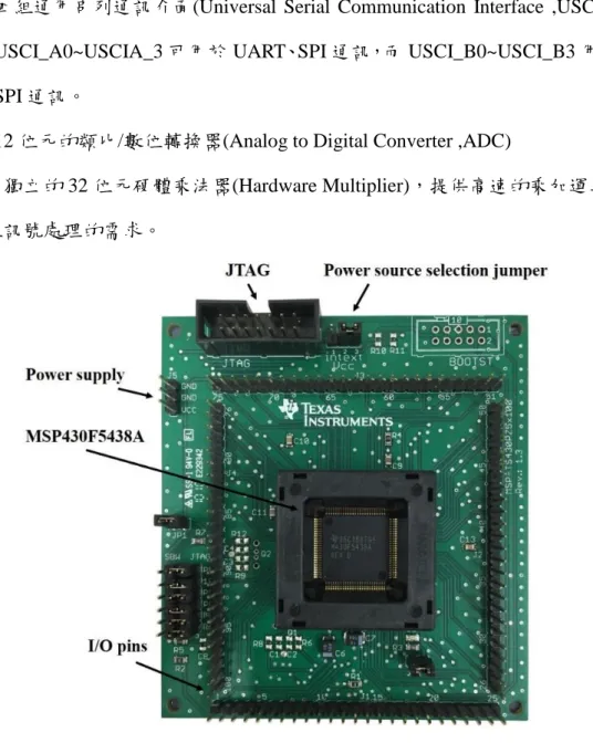 圖 2. 17、MSP430F5438A 單晶片與開發板實體圖 