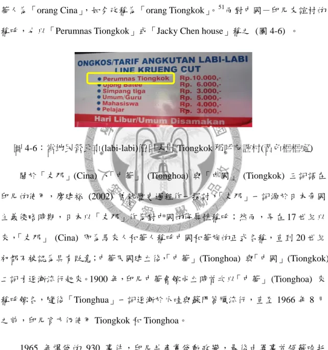 圖 4-6：當地民營公車(labi-labi)價目表以 Tiongkok 稱呼友誼村(黃色框框處)      關於「支那」(Cina)  、 「中華」 (Tionghoa) 與「中國」 (Tiongkok) 三詞語在 印尼的使用，廖建裕 (2002) 曾就歷史過程作一探討，「支那」一詞源於日本帝國 主義侵略時期，日本以「支那」作為對中國的侮辱性稱呼；然而，早在 17 世紀以 來， 「支那」 (Cina) 即為馬來人和華人稱呼中國和華族的正式名稱，直到 20 世紀 初都不被認為具有貶意；中華民國建立後， 「中