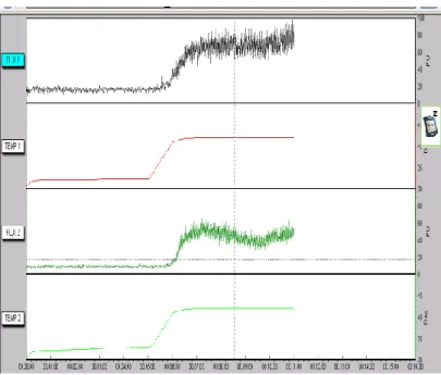 圖 3 五分鐘體表加熱程序的血流與溫度變化情形。FLUX 1 及 TEMP 1 為左側測量 部位的血流及溫度，FLUX 2 及 TEMP 2 為右側測量部位的血流及溫度。 