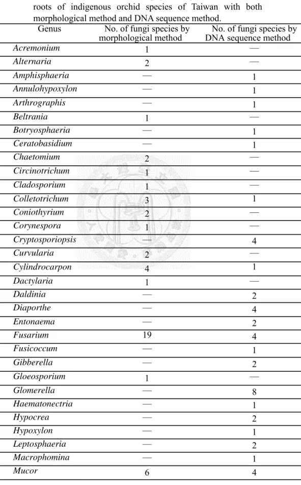 表 2-2.  臺灣原生蘭內生真菌分離菌株以傳統形態與分子方法鑑定結果一 覽表。 