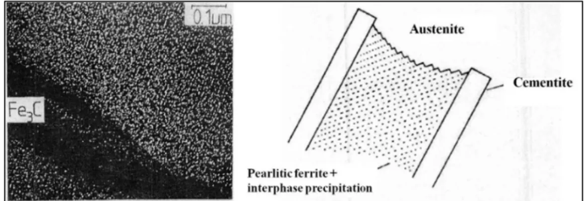 Figure 2-10 Proposed ledge mechanism illustrating interphase precipitation in pearlitic ferrite [52] 