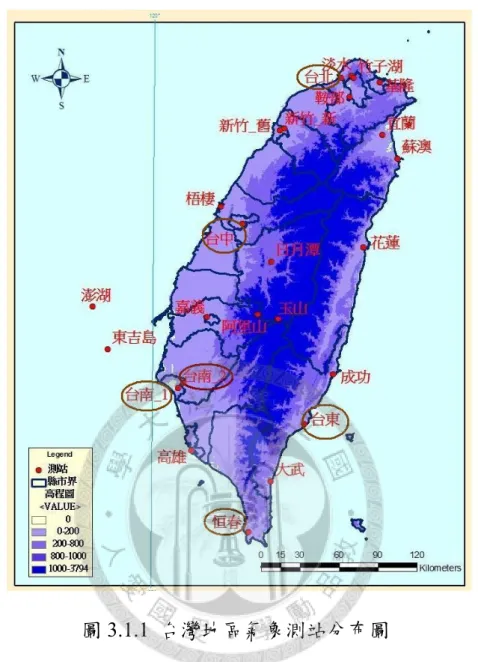 圖 3.1.1  台灣地區氣象測站分布圖  氣溫資料來源分為兩部分：  1.1901～1997 年之氣溫資料－依據 1999 年印行之「台灣地區氣象資料庫」 11 （共四冊） ，僅有月統計資料。  2.1998 年後之氣溫資料－由環保署空氣污染模式中心之逐時資料得到日資料。 環保署空氣污染模式中心之逐時資料，係以 0-24 時之測值平均作為日平均 值，並取出當日最高及最低小時值為最高溫、最低溫。                                                    11   