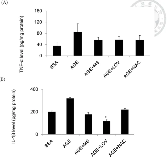 Fig. 4-18 The effect of monascin and lovastatin on kidney (A) TNF-and (B) IL-1 of  male BALB/c mice with 22 weeks of i.p