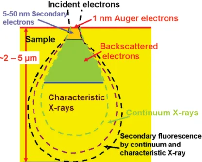 Fig. 3.4 The range and spatial resolution of backscattered  electrons, secondary electrons, X-rays, and Auger  electrons for electrons incident on a solid