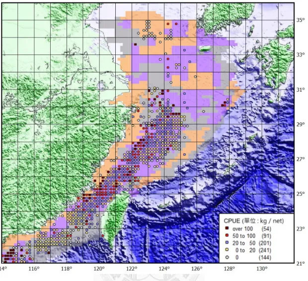 圖 3-6. 1974-1989 年間、中國陸棚臺灣雙船拖網作業、白帶魚 3-8 月平均單位努力 漁獲量分布圖 