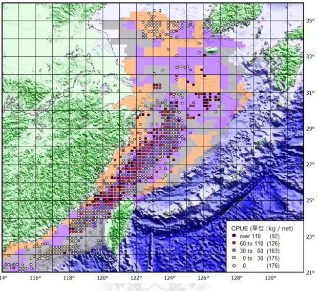 圖 3-7. 1974-1989 年間、中國陸棚臺灣雙船拖網作業、白帶魚 9-2 月平均單位努力 漁獲量分布圖 