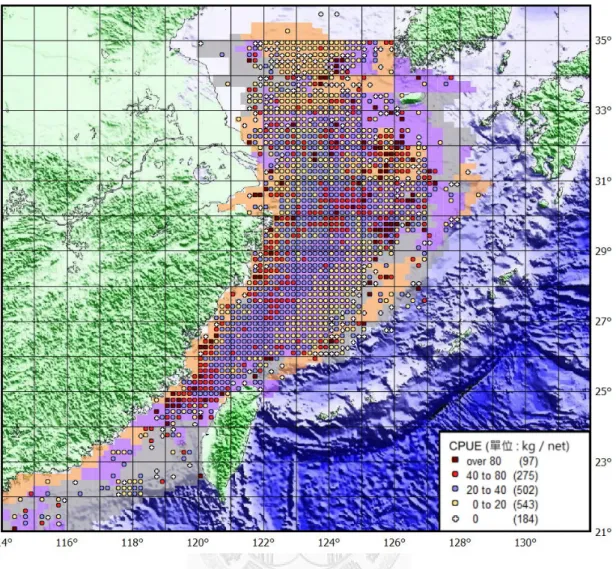 圖 3-8. 1974-1989 年間、中國陸棚臺灣單船拖網作業、白帶魚 3-8 月平均單位努力 漁獲量分布圖 